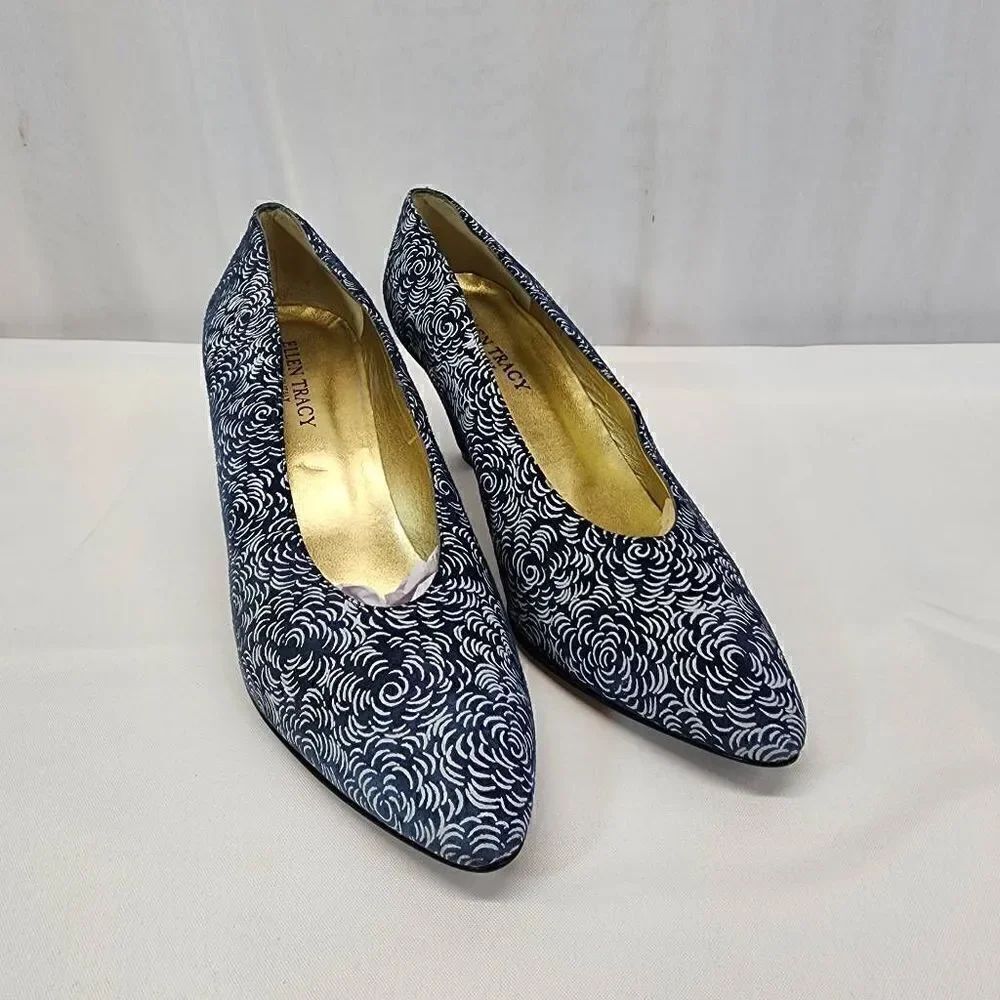 Vintage Ellen Tracy Floral Suade Blue Block Heels Pointed Ties Size 10
